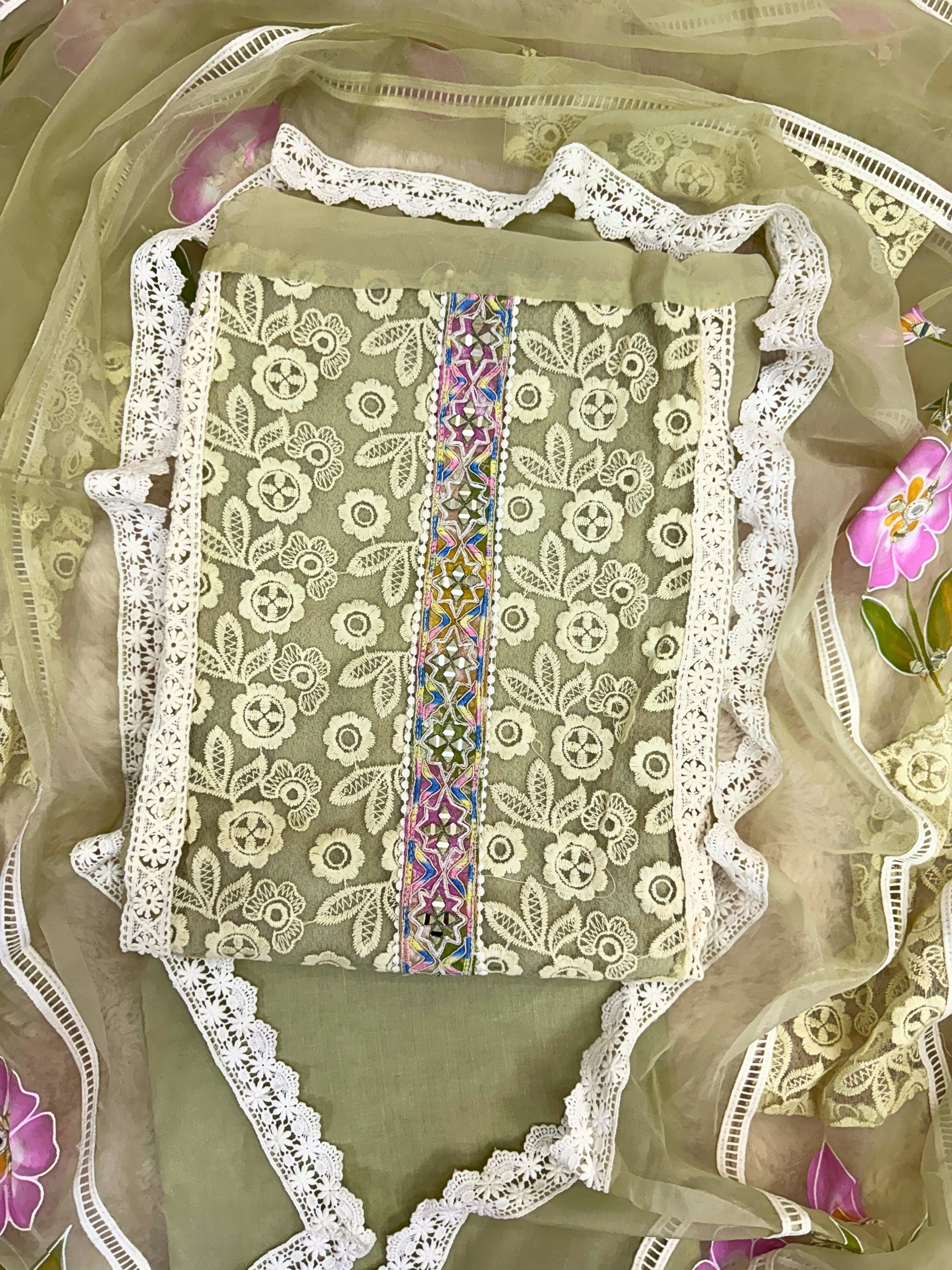 Olive Garden: Lace Embroidered Suit with Hand-Painted Dupatta